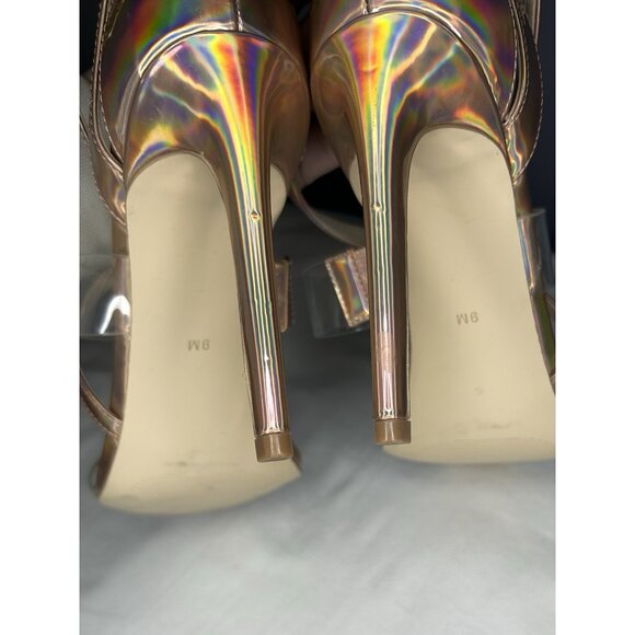 Guess Felecia Strappy Stiletto Size 9 Iridescent Rose Gold & Clear Dressy Sandal - Picture 4 of 14